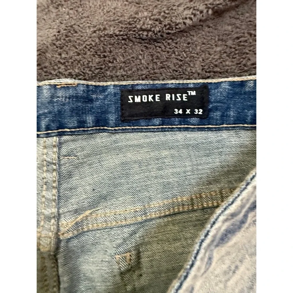 Smoke Rise Mens Light Wash Distressed Patched Graphic Denim Jeans Slim Fit 34x31